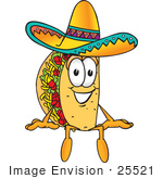 #25521 Clip Art Graphic Of A Crunchy Hard Taco Character Sitting And Wearing A Sombrero