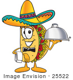 #25522 Clip Art Graphic Of A Crunchy Hard Taco Character Wearing A Sombrero Waiting Tables And Serving A Platter