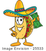 #25533 Clip Art Graphic Of A Crunchy Hard Taco Character Holding A Dollar Bill