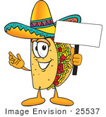 #25537 Clip Art Graphic Of A Crunchy Hard Taco Character Holding A Blank Sign