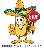 #25548 Clip Art Graphic Of A Crunchy Hard Taco Character Holding A Stop Sign