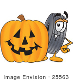 #25563 Clip Art Graphic Of A Tire Character With A Carved Halloween Pumpkin