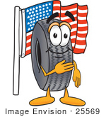 #25569 Clip Art Graphic Of A Tire Character Pledging Allegiance To An American Flag