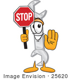 #25620 Clip Art Graphic Of A Wrench Tool Character Holding A Stop Sign