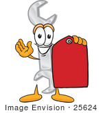 #25624 Clip Art Graphic Of A Wrench Tool Character Holding A Red Sales Price Tag