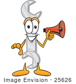 #25626 Clip Art Graphic Of A Wrench Tool Character Holding A Megaphone