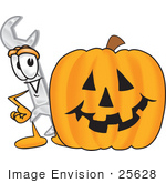 #25628 Clip Art Graphic Of A Wrench Tool Character With A Carved Halloween Pumpkin