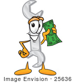 #25636 Clip Art Graphic Of A Wrench Tool Character Holding A Dollar Bill