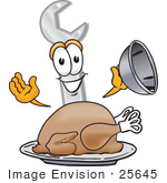 #25645 Clip Art Graphic Of A Wrench Tool Character Serving A Thanksgiving Turkey On A Platter