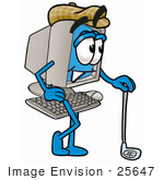 #25647 Clipart Picture Of A Desktop Computer Mascot Cartoon Character Leaning On A Golf Club While Golfing