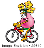 #25649 Clip Art Graphic Of A Pink Vase And Yellow Flowers Cartoon Character Riding A Bicycle