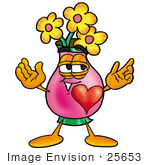 #25653 Clip Art Graphic Of A Pink Vase And Yellow Flowers Cartoon Character With His Heart Beating Out Of His Chest