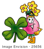 #25656 Clip Art Graphic Of A Pink Vase And Yellow Flowers Cartoon Character With A Green Four Leaf Clover On St Paddy’S Or St Patricks Day