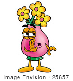 #25657 Clip Art Graphic Of A Pink Vase And Yellow Flowers Cartoon Character Whispering And Gossiping
