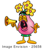 #25658 Clip Art Graphic Of A Pink Vase And Yellow Flowers Cartoon Character Screaming Into A Megaphone