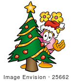 #25662 Clip Art Graphic Of A Pink Vase And Yellow Flowers Cartoon Character Waving And Standing By A Decorated Christmas Tree