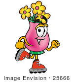 #25666 Clip Art Graphic Of A Pink Vase And Yellow Flowers Cartoon Character Roller Blading On Inline Skates