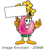#25668 Clip Art Graphic Of A Pink Vase And Yellow Flowers Cartoon Character Holding A Blank Sign