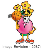 #25671 Clip Art Graphic Of A Pink Vase And Yellow Flowers Cartoon Character Spinning A Basketball On His Finger