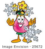 #25672 Clip Art Graphic Of A Pink Vase And Yellow Flowers Cartoon Character With Three Snowflakes In Winter