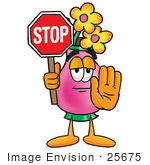 #25675 Clip Art Graphic Of A Pink Vase And Yellow Flowers Cartoon Character Holding A Stop Sign