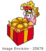 #25678 Clip Art Graphic Of A Pink Vase And Yellow Flowers Cartoon Character Standing By A Christmas Present
