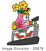 #25679 Clip Art Graphic Of A Pink Vase And Yellow Flowers Cartoon Character Walking On A Treadmill In A Fitness Gym