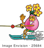 #25684 Clip Art Graphic Of A Pink Vase And Yellow Flowers Cartoon Character Waving While Water Skiing