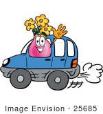 #25685 Clip Art Graphic Of A Pink Vase And Yellow Flowers Cartoon Character Driving A Blue Car And Waving