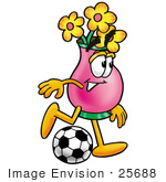 #25688 Clip Art Graphic Of A Pink Vase And Yellow Flowers Cartoon Character Kicking A Soccer Ball