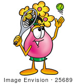 #25689 Clip Art Graphic Of A Pink Vase And Yellow Flowers Cartoon Character Preparing To Hit A Tennis Ball