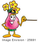#25691 Clip Art Graphic Of A Pink Vase And Yellow Flowers Cartoon Character Holding A Pointer Stick