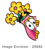 #25692 Clip Art Graphic Of A Pink Vase And Yellow Flowers Cartoon Character Peeking Around A Corner