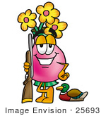 #25693 Clip Art Graphic Of A Pink Vase And Yellow Flowers Cartoon Character Duck Hunting Standing With A Rifle And Duck
