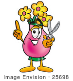 #25698 Clip Art Graphic Of A Pink Vase And Yellow Flowers Cartoon Character Holding A Pair Of Scissors
