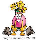 #25699 Clip Art Graphic Of A Pink Vase And Yellow Flowers Cartoon Character Lifting A Heavy Barbell