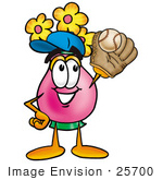 #25700 Clip Art Graphic Of A Pink Vase And Yellow Flowers Cartoon Character Catching A Baseball With A Glove