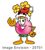 #25701 Clip Art Graphic Of A Pink Vase And Yellow Flowers Cartoon Character Wearing A Santa Hat And Waving
