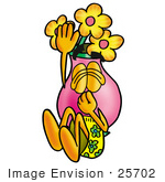 #25702 Clip Art Graphic Of A Pink Vase And Yellow Flowers Cartoon Character Plugging His Nose While Jumping Into Water