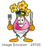 #25703 Clip Art Graphic Of A Pink Vase And Yellow Flowers Cartoon Character Holding A Knife And Fork
