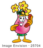 #25704 Clip Art Graphic Of A Pink Vase And Yellow Flowers Cartoon Character Holding A Telephone