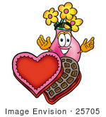#25705 Clip Art Graphic Of A Pink Vase And Yellow Flowers Cartoon Character With An Open Box Of Valentines Day Chocolate Candies