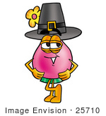 #25710 Clip Art Graphic Of A Pink Vase And Yellow Flowers Cartoon Character Wearing A Pilgrim Hat On Thanksgiving