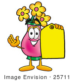 #25711 Clip Art Graphic Of A Pink Vase And Yellow Flowers Cartoon Character Holding A Yellow Sales Price Tag