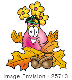 #25713 Clip Art Graphic Of A Pink Vase And Yellow Flowers Cartoon Character With Autumn Leaves And Acorns In The Fall