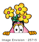 #25715 Clip Art Graphic Of A Pink Vase And Yellow Flowers Cartoon Character Peeking Over A Surface