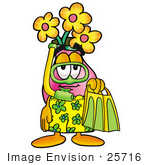 #25716 Clip Art Graphic Of A Pink Vase And Yellow Flowers Cartoon Character In Green And Yellow Snorkel Gear