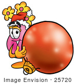 #25720 Clip Art Graphic Of A Pink Vase And Yellow Flowers Cartoon Character Wearing A Santa Hat Standing With A Christmas Bauble