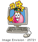 #25721 Clip Art Graphic Of A Pink Vase And Yellow Flowers Cartoon Character Waving From Inside A Computer Screen