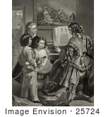 #25724 Stock Photography Of Three Children Singing The Star Spangled Banner With A Woman Who Is Playing A Piano